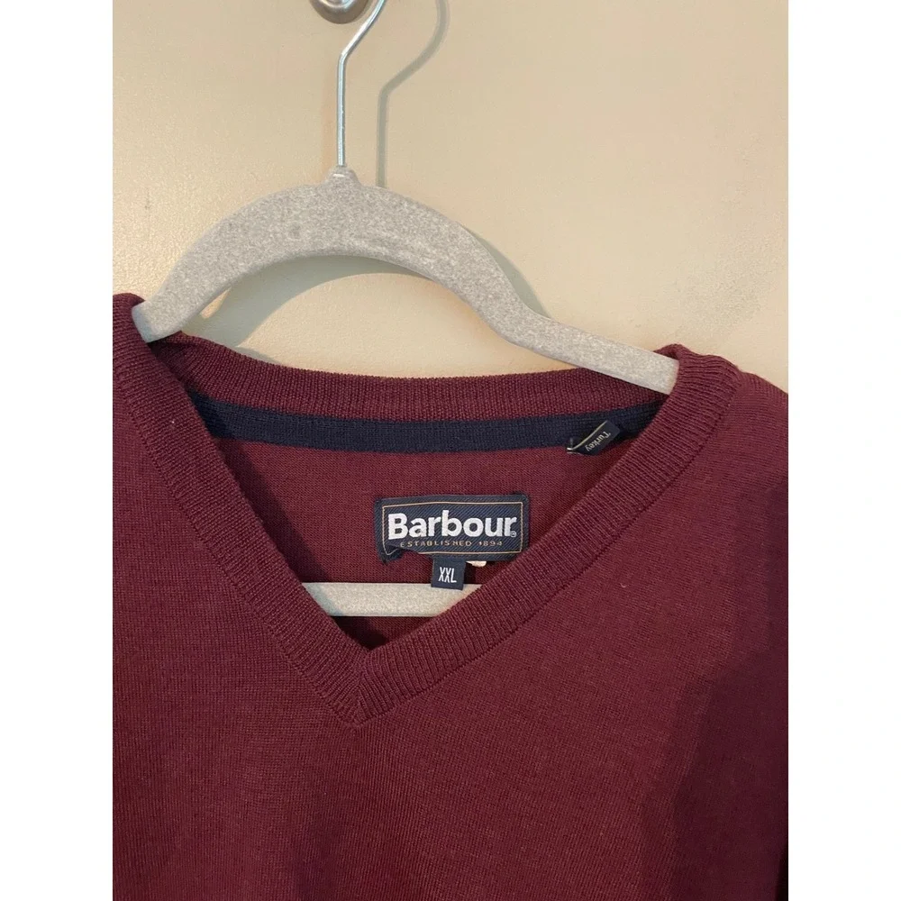 Barbour Mens XXL‎ 100% Wool Lightweight V-Neck Sweater Burgundy